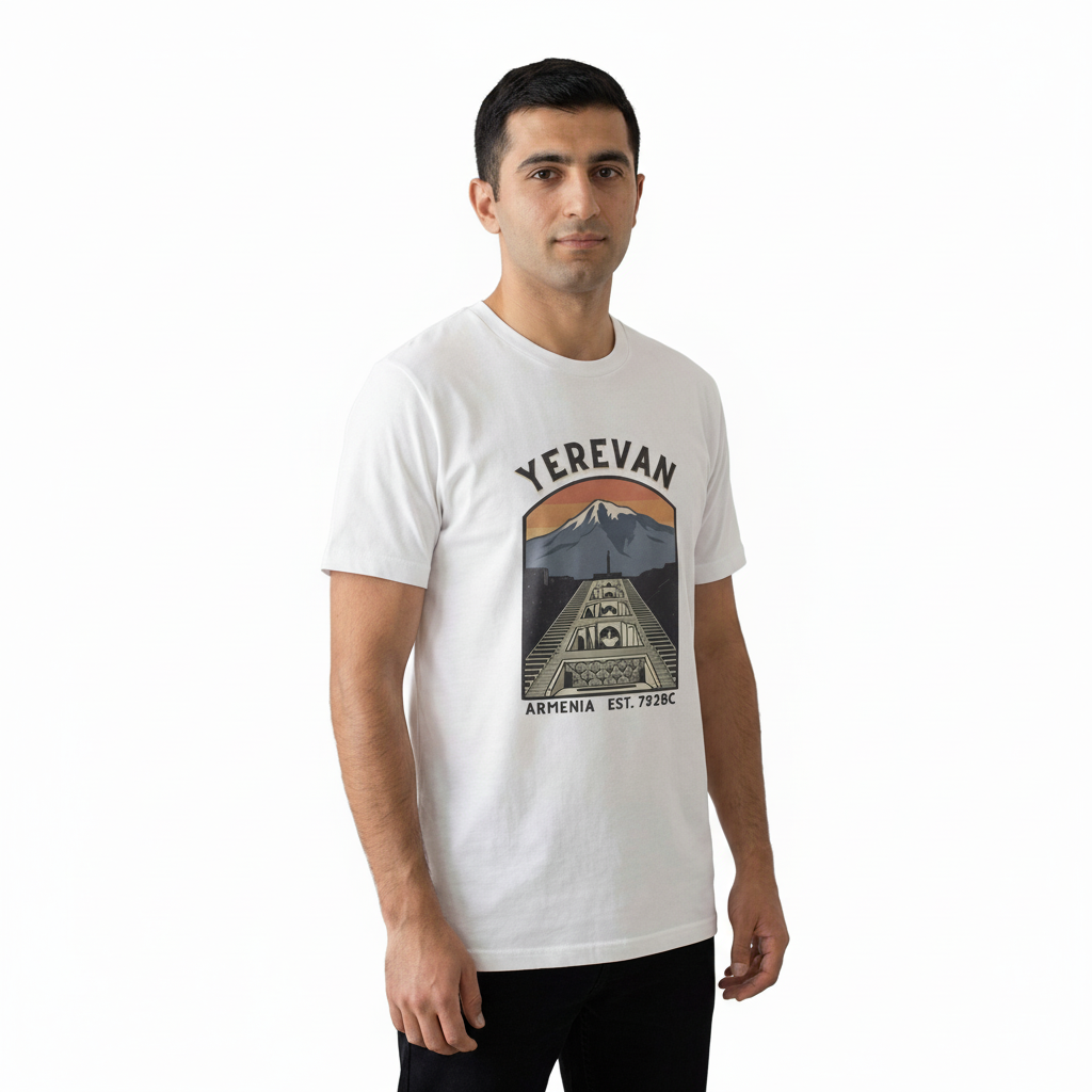 Man wearing a white t-shirt with Yerevan graphic design on a white background